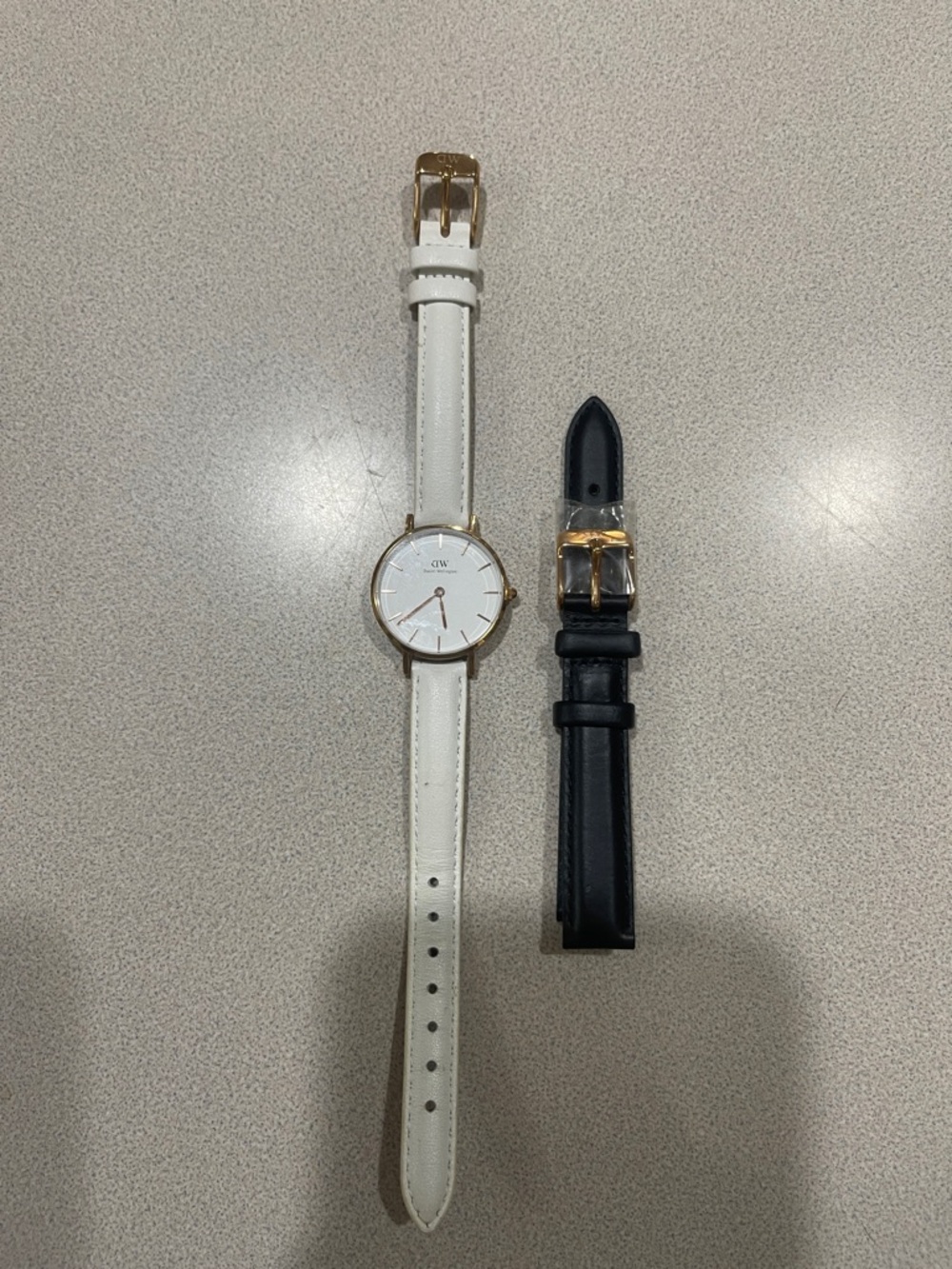 Daniel Wellington White Dial Watch with White and Black Leather Straps